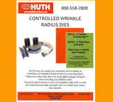 The Huth product manual for controlled wrinkle radius dies features text and images on a white background, outlined by an orange border.