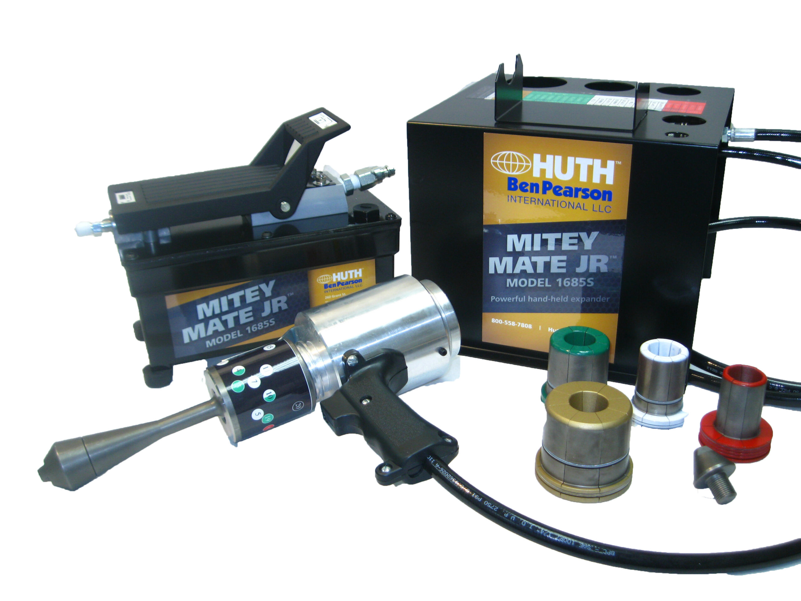 The Huth Ben Pearson 1685S Mitey Mate Jr. System is shown against a white background. The system includes the black, square power expander, Huth Accusizer, and a seven-pound silver portable expanding gun head.