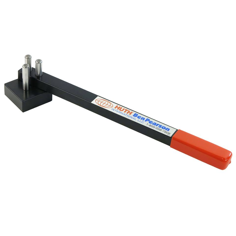 A Huth Manual Rod Bender is shown in black metal with a red handle.