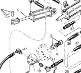 A black and white schematic drawing detailing the hydraulic parts breakdown for Huth models HB-10, 1600, 2008, 2806, 2100, 2007, and 2801