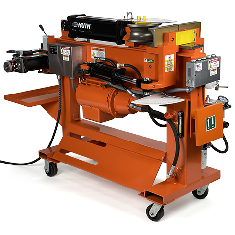 The orange Huth 2008 bender is shown against a white background; the pipe and tube bending machine is mounted on wheels for easy mobility.