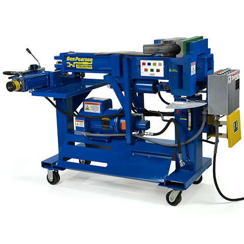 A blue colored Ben Pearson Model 3012 360-Degree Tube Bender is shown with yellow buttons and black electrical components