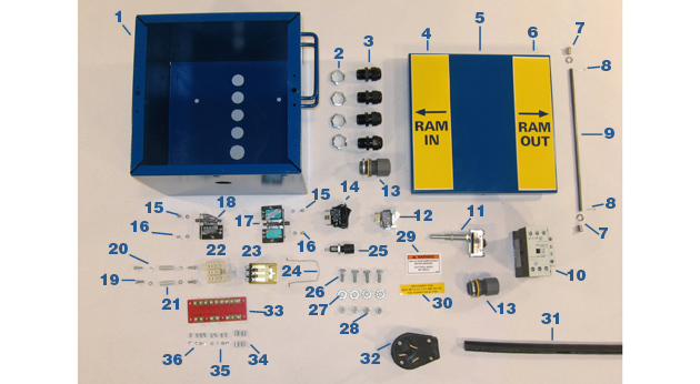 A picture shows a Ben Pearson control box surrounded by all the individual components, numbered 1-36.