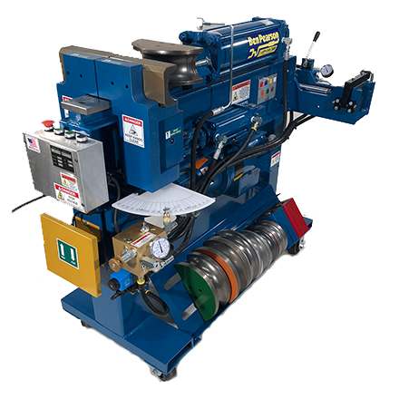 The Huth-Ben Pearson BP-11 Pipe Bender is a blue machine with yellow components and a storage tray below for color-coded die and back shoes.