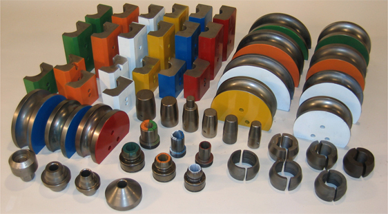 The Super 120 Die Package features components in an array of colors and sizes for tube and pipe bending.