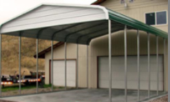 A carport extension over a garage features a bent pipe frame in white metal, with a covered roof attached to the front of the garage of a tan-colored house.