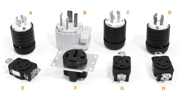 A photo depicts eight black and white electrical components for Huth machines, labeled A-H; the components are three-phase plugs and cords.