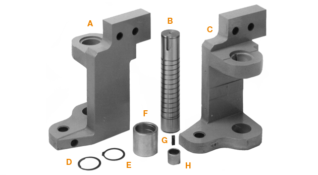 A photo shows metal gates and bushings for Huth machines; the parts are labeled A-H and shown on a white background.