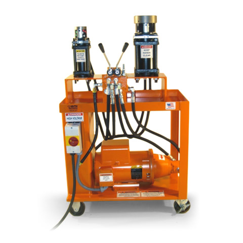 1674V Vertical Dual-Headed Expander is a large orange machine with two expander heads attached to the top shelf of the machine. Black power cords connect with compressor tanks on the lower shelf of the machine, which is mounted on wheels for easy transport.