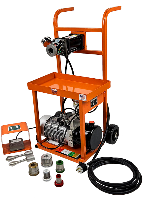 The 1691 Portable Tube Expander is a moveable expander machine mounted on an orange dolly with wheels. The machine sits on the lower shelf, pictured with included accessories.