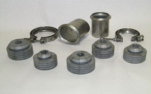 Nine metal segments are shown against a white background. There are five short round pieces, two v-bands, and two segments. The silver-colored pieces fit together to fasten joints together.